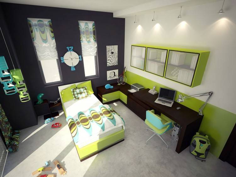 green and gray bedroom