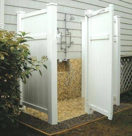 Our Cedar Outdoor Shower Enclosure as a house mount kit is our most popular  model