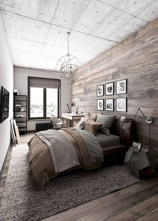 This master bedroom features a woven warm wall treatment
