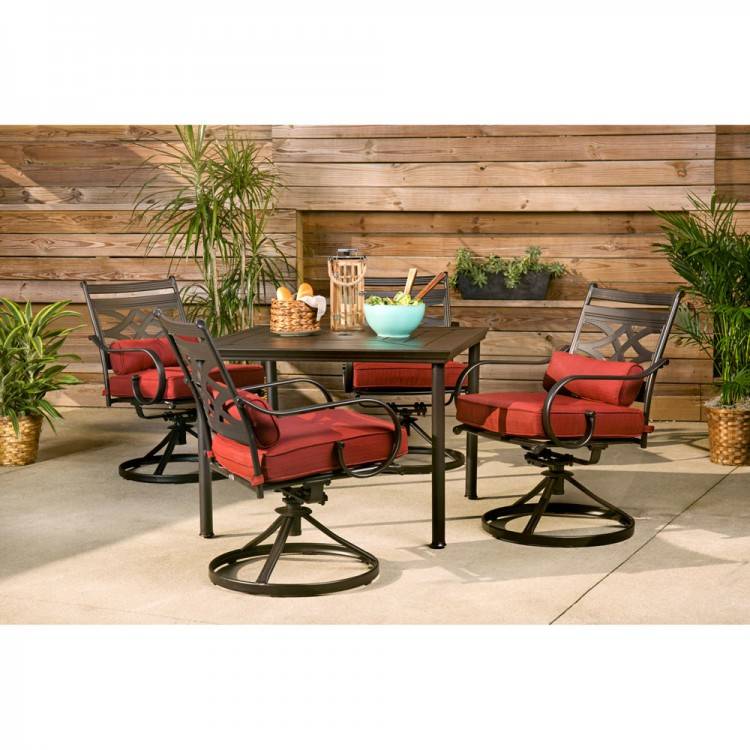 Chairs feature decorative backs and  cozy seat cushions while tables offer a sophisticated feel with smoky  tempered