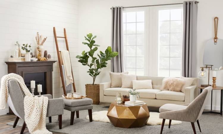 Pleated shades with bay windows in living room