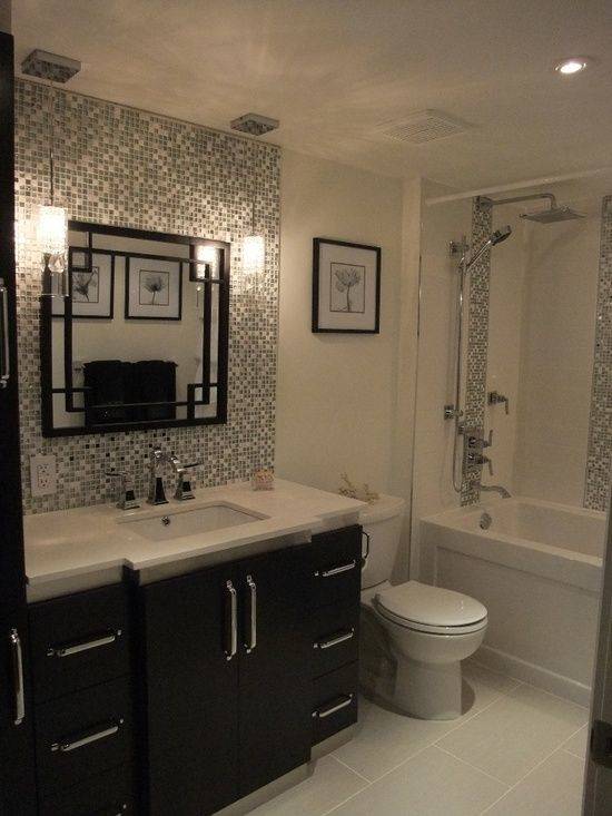 bathroom tile backsplash dark cabinets light gray walls white counters  bathroom mosaic tile backsplash ideas