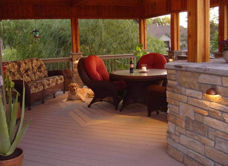 Open Porch over Belgard paver patio and outdoor kitchen, as viewed from the  deck